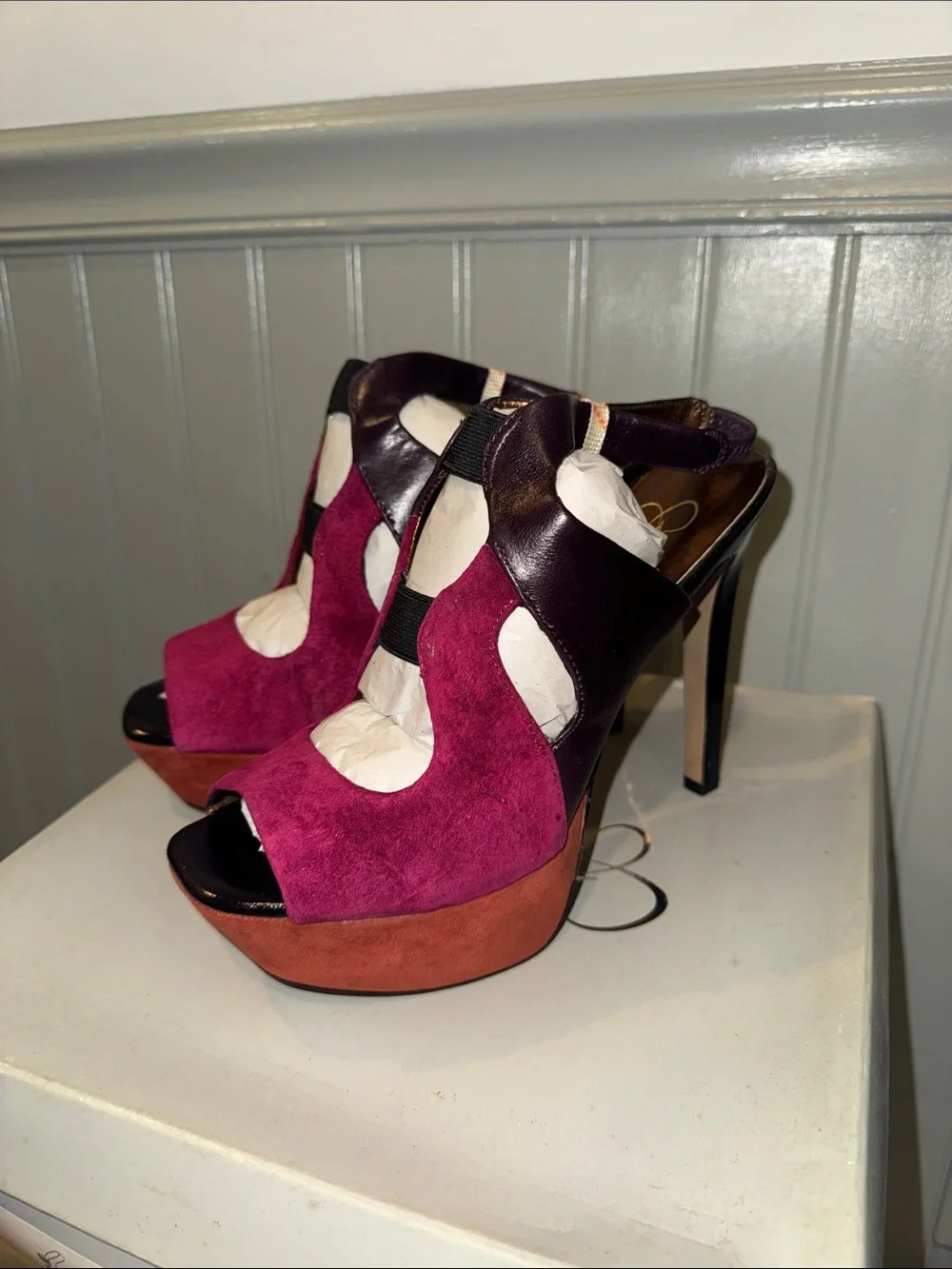Jessica‎ Simpson Bendie cranberry/maya nubuck Platform Peep-Toe Heels new Sz 8